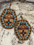 Southwestern Wood Earrings, Beaded Zia Sun Symbol Dangle Earrings