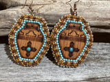 Southwestern Wood Earrings, Beaded Zia Sun Symbol Dangle Earrings
