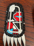 Beaded Native American fringe inlay earrings, black and white fringe earrings