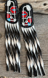 Beaded Native American fringe inlay earrings, black and white fringe earrings