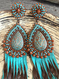 Goldstone sunset leather fringe earrings