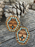 Southwestern Wood Earrings, Beaded Zia Sun Symbol Dangle Earrings