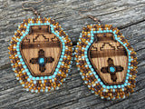 Southwestern Wood Earrings, Beaded Zia Sun Symbol Dangle Earrings