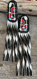 Beaded Native American fringe inlay earrings, black and white fringe earrings