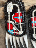 Beaded Native American fringe inlay earrings, black and white fringe earrings