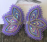 Purple Peacock earrings, Native American Beaded Earrings, butterfly earrings, Silver beaded earrings, powwow earrings