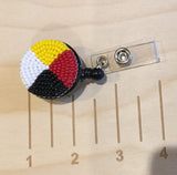 Beaded medicine wheel badge reel, Native American beaded badge holder, Indigenous beadwork, beaded ID holder, ID card reel