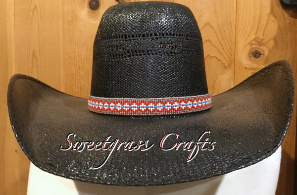 Beaded Cowboy Hat Band, Native American Beaded Cowboy Hat band, Gray Hat Band, western fashion, red hat band