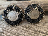 Buffalo nickel coin earrings, beaded Indian head nickel earrings, black beaded Native American earrings