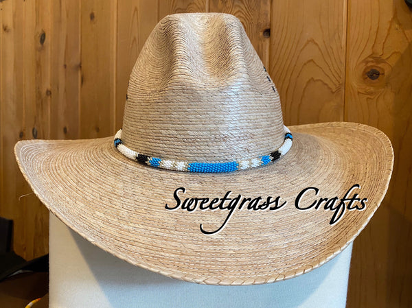 Turquoise Blue & silver round beaded hat band, fedora hat band, western hat band, cowboy hat band, unisex beaded hat band, western fashion,
