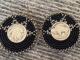 Buffalo nickel coin earrings, beaded Indian head nickel earrings, black beaded Native American earrings