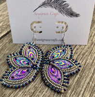 Blue peacock earrings, Native American Beaded Earrings, butterfly earrings, Silver beaded earrings, powwow earrings, Mardi Gras earrings