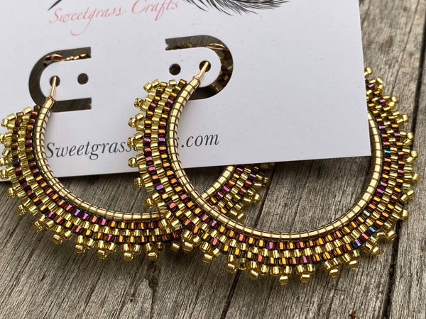 2” Gold beaded hoop earrings, beaded 2" hoop earrings, delica beaded earrings, statement earrings, red iris hoops