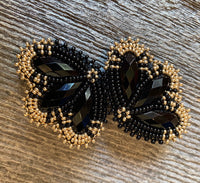 Native American beaded black earrings, black & gold beaded earrings, flower earrings, unique beaded earrings, Powwow earrings