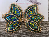 Blue Green & Gold beaded earrings, Native American beaded earrings, Indigenous beadwork, beaded earrings, unique earrings