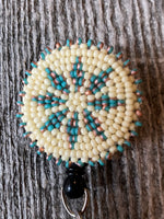 Turquoise & copper beaded badge reel, Native American beaded badge holder, Indigenous beadwork, beaded ID holder, ID card reel