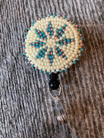 Turquoise & copper beaded badge reel, Native American beaded badge holder, Indigenous beadwork, beaded ID holder, ID card reel