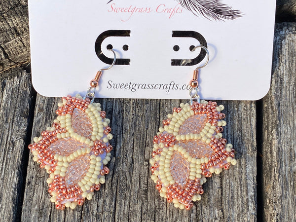 Native American beaded copper earrings, rose gold flower beaded earrings, butterfly earrings, beaded earrings,