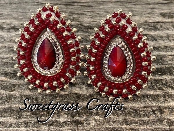 Red & silver beaded earrings, Native earrings, Red teardrop earrings, Native Beadwork, Unique beaded earrings