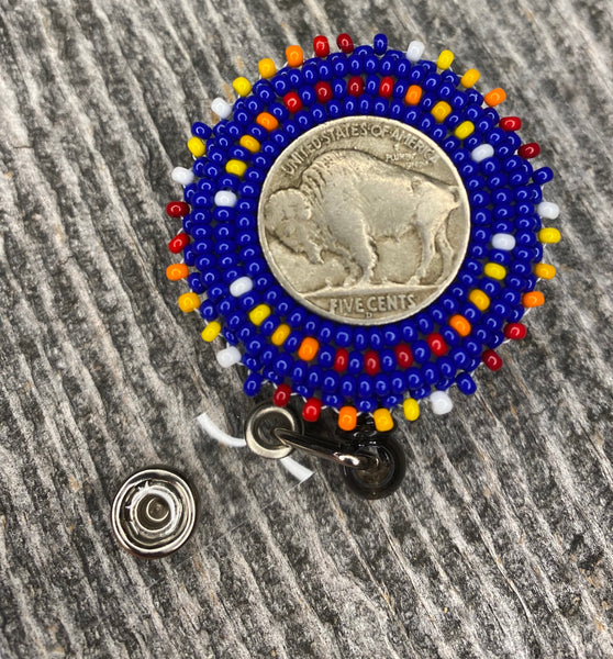 Beaded badge reel, buffalo nickel badge holder, Indigenous beadwork, beaded ID holder, ID card reel