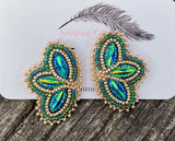 Small green gold beaded earrings, Native American beaded earrings, Indigenous beadwork, beaded Mardi Gras earrings