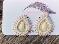 White & silver beaded earrings, Native earrings, White teardrop earrings, Native Beadwork, Unique beaded wedding earrings