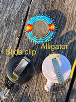 Beaded badge reel, Native American beaded badge holder, Indigenous beadwork, beaded ID holder, ID card reel, buffalo nickel beaded ID reel