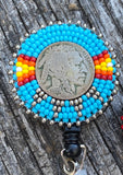 Beaded badge reel, Native American beaded badge holder, Indigenous beadwork, beaded ID holder, ID card reel, buffalo nickel beaded ID reel