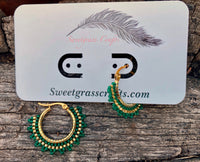 1” gold & green beaded hoop earrings, beaded hoop earrings, Native beaded earrings, summer earrings, statement earrings, green hoops