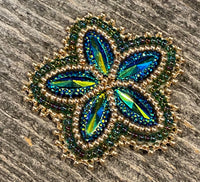 Beaded green & gold badge reel, Native American beaded badge holder, Indigenous beadwork, beaded ID holder, ID card reel