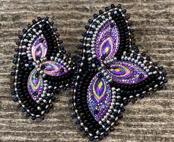 Purple & black earrings, Native American Beaded Earrings, hypoallergenic earrings, Mardi Gras earrings, powwow earrings, clip on