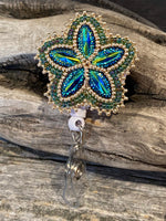 Beaded green & gold badge reel, Native American beaded badge holder, Indigenous beadwork, beaded ID holder, ID card reel