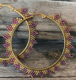 2 1/4” Gold beaded hoop earrings, burgundy delica beaded earrings, statement earrings, red iris hoops