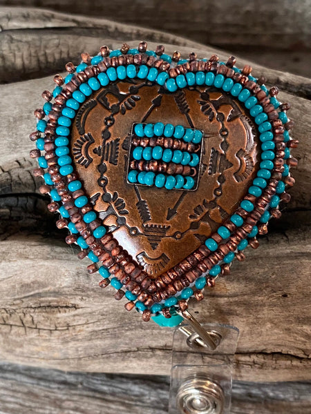 Beaded copper heart badge reel – Sweetgrass Crafts