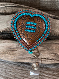Beaded copper heart badge reel, Native American turquoise beaded badge holder, Indigenous beadwork, beaded ID holder, ID card reel