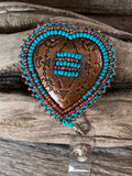 Beaded copper heart badge reel, Native American turquoise beaded badge holder, Indigenous beadwork, beaded ID holder, ID card reel