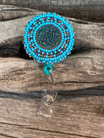 Beaded copper badge reel, Native American turquoise beaded badge holder, Indigenous beadwork, beaded ID holder, ID card reel