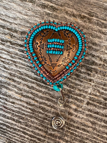 Beaded Copper Badge Reel, Native American Turquoise Beaded Badge Holder, Indigenous Beadwork, Beaded ID Holder, ID Card Reel