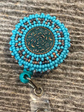Beaded copper badge reel, Native American turquoise beaded badge holder, Indigenous beadwork, beaded ID holder, ID card reel