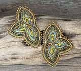 Green & 24k plated gold beaded earrings, Native American beaded earrings, Indigenous beadwork, beaded earrings, unique earrings