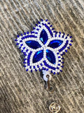 Beaded blue badge reel, Native American beaded badge holder, Indigenous beadwork, beaded ID holder, ID card reel