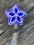 Beaded blue badge reel, Native American beaded badge holder, Indigenous beadwork, beaded ID holder, ID card reel