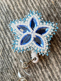 Beaded blue & whitebadge reel, Native American beaded badge holder, Indigenous beadwork, beaded ID holder