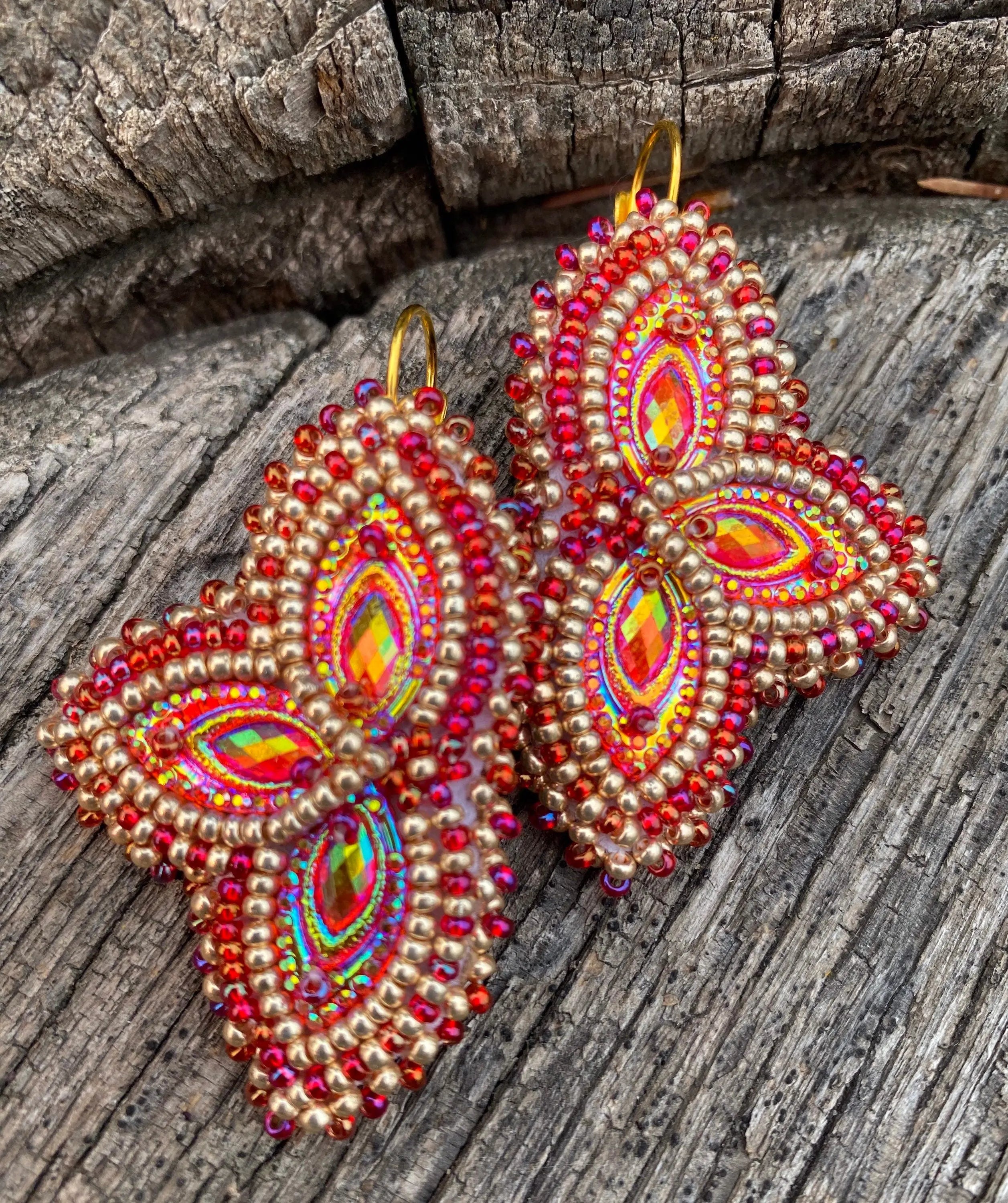 Red & gold beaded earrings – Sweetgrass Crafts