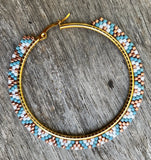 2” copper & blue beaded hoop earrings, lightweight southwestern style beaded hoop earrings
