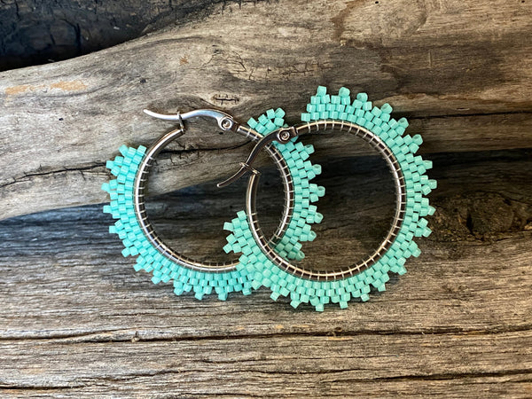 1 1/2” inch mint beaded hoop earrings, lightweight earrings