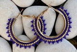 1 1/2” inch violet purple & white beaded hoop earrings, beaded gold hoop earrings, summer earrings