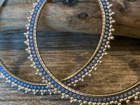 3 inch light blue beaded hoops, dusty denim hoop earrings
