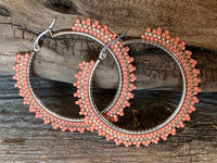 2" inch coral/salmon beaded hoop earrings, beaded hoop earrings, Native beaded earrings, summer earrings, statement earrings