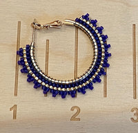 1 1/2” inch violet purple & white beaded hoop earrings, beaded gold hoop earrings, summer earrings
